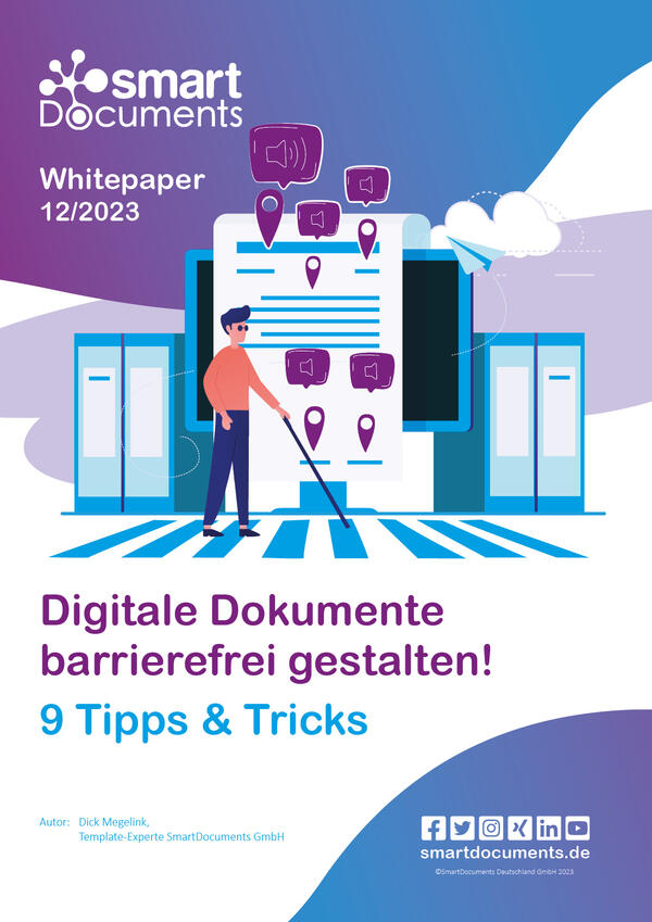 Vektorgrafik: Abstrakte Darstellung eines Blinden sowie eines Bildschirmdokuments mit Screenreader-Icons. Text: Whitepaper 12/2023 "Digitale Dokumente barrierefrei gestalten! 9 Tipps & Tricks"