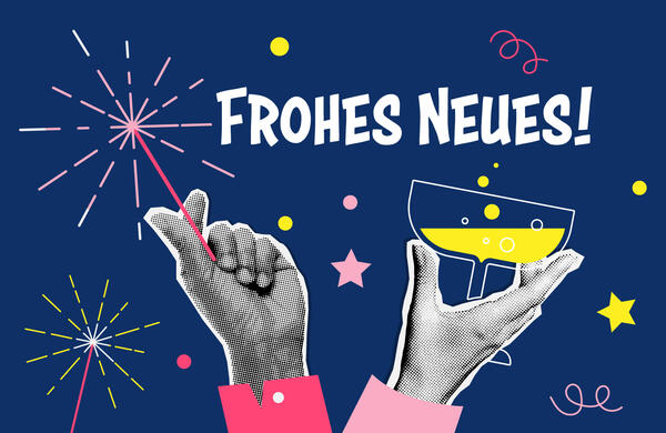 Vektorgrafik: Hand mit Sektglas, 2 Hände mit Wunderkerzen und einer Hand mit einem Cocktailglas Schriftzug: Frohes Neues!