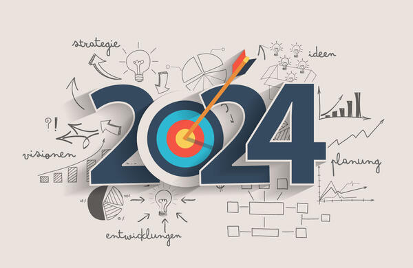 Vektorgrafik: Zahl 2024. Die 0 ist dargestellt als Zielscheibe. 