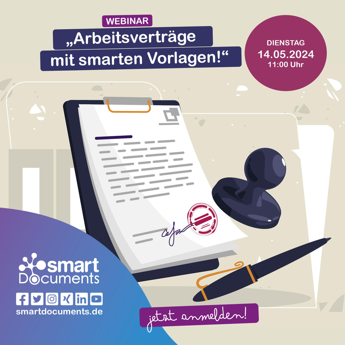 Wir laden Sie herzlich ein zu unserem Webinar "Arbeitsvertr&auml;ge mit smarten Vorlagen! 14.05.2024, 11:00 Uhr