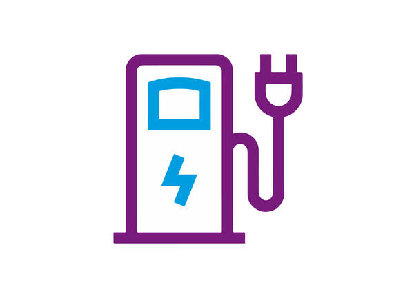 Icon für CO2-Ausstoss. Abstrakte Darstellung einer Tanksäule mit Elektrozeichen.