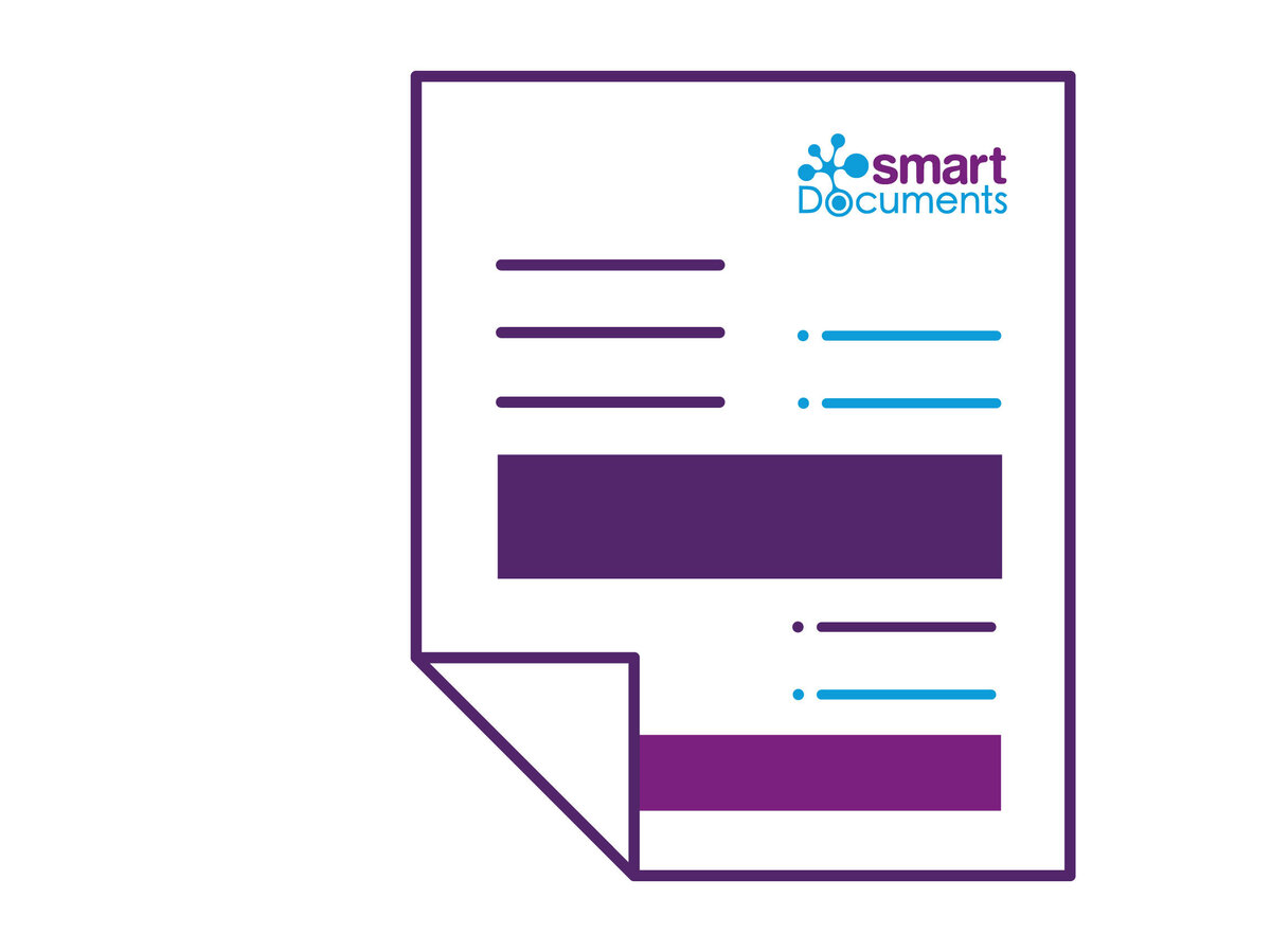 Schematic SmartDocuments document template featuring structured content sections, placeholders, and design elements. The illustration demonstrates the modular structure of intelligent document templates and the separation of content, data, business logic, and layout.