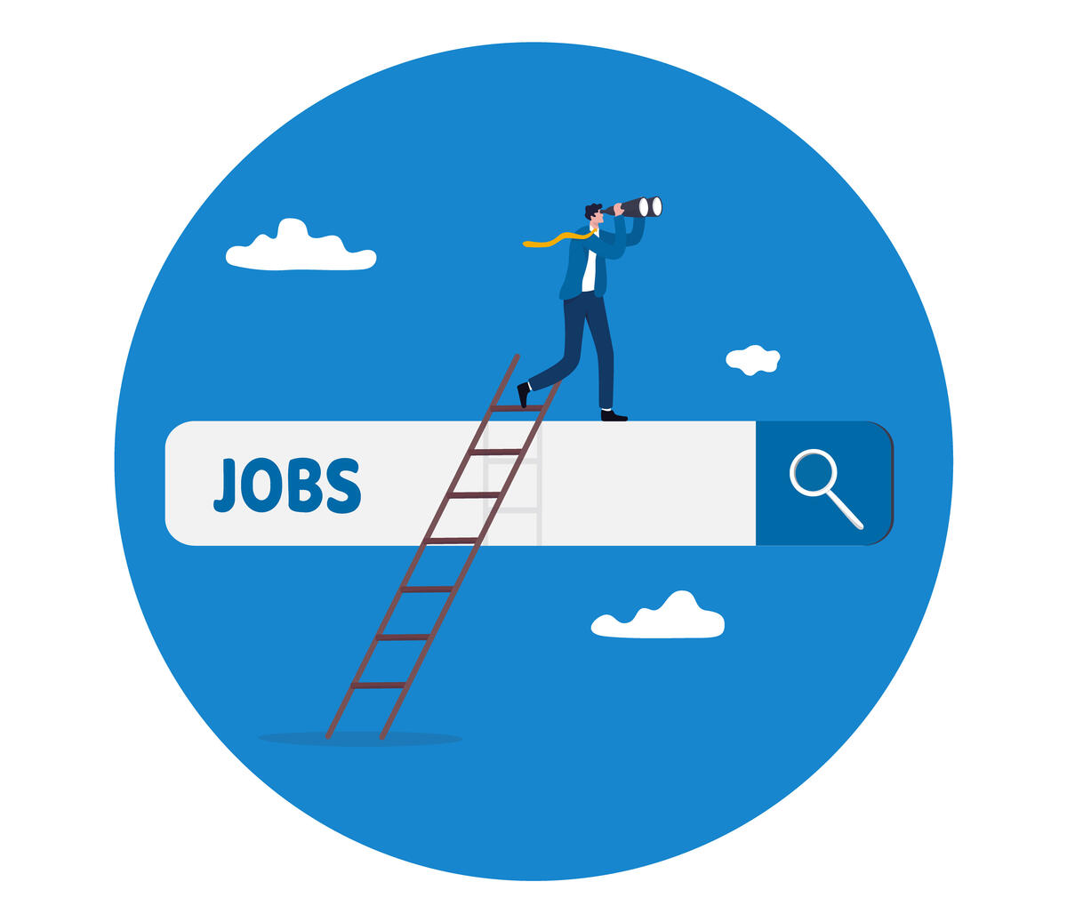 Vektorgrafik: Suchbegriff "Jobs" mit Leiter und einer Person, die am Ende der Leiter steht mit Fernglas in der Hand.
