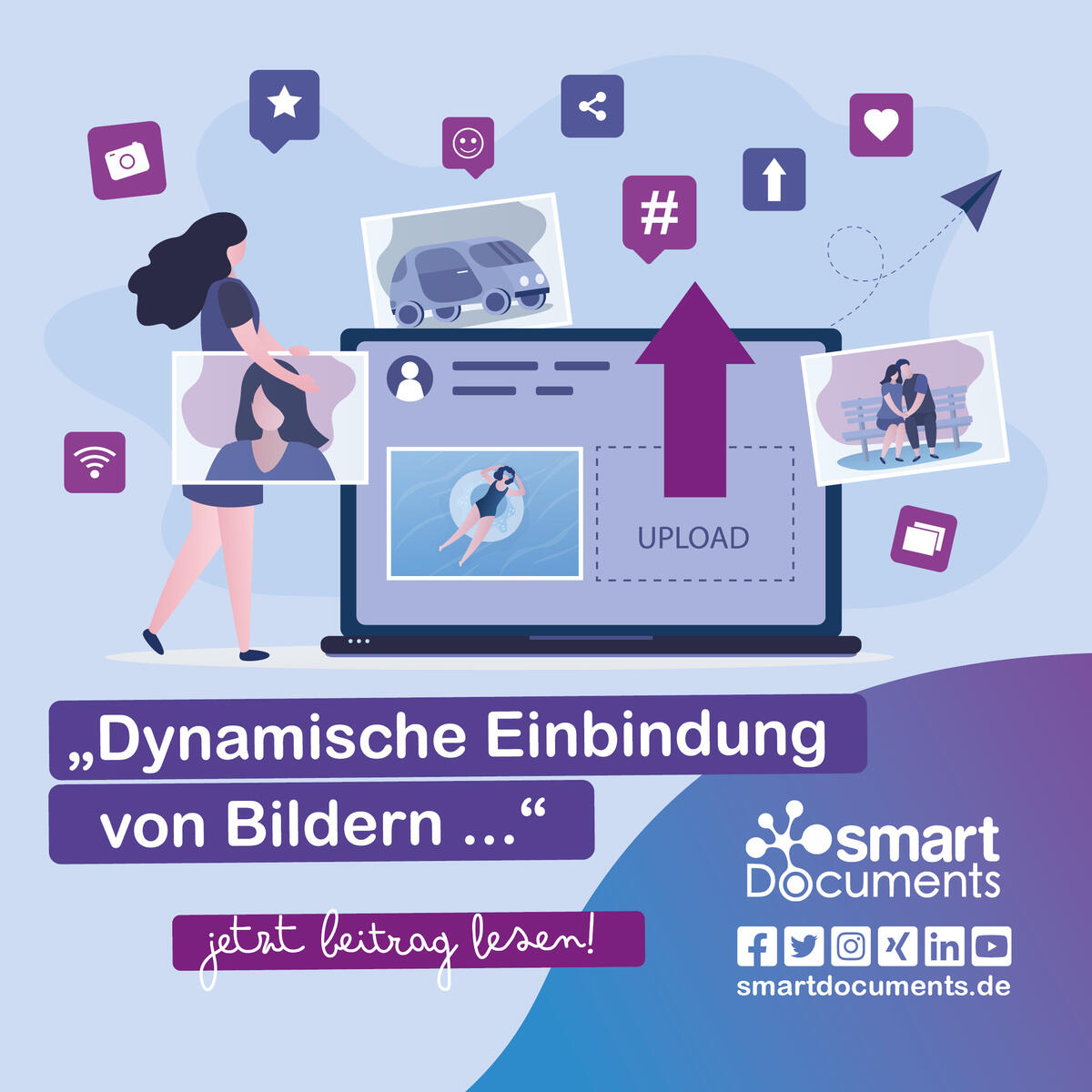 Vektorgrafik: Frau mit Fotos und Computer auf dem Bilder hochgeladen werden inkl. Text "Dynamische Einbindung von Bildern..." - Jetzt Beitrag lesen!