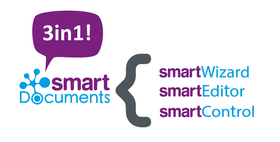 Logo SmartDocuments mit der Sprechblase 3in1. Die 3 Inhalte der Software SmartEditor, SmartWiard und SmartControl sind in einer umschweifenden Klammer dargestellt.