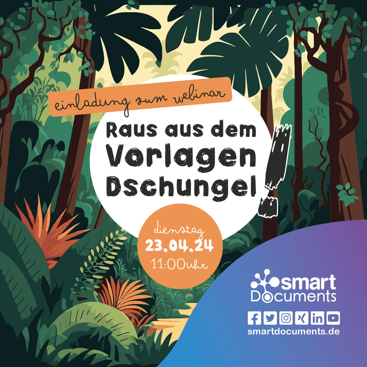 Vektorgrafik Dschungel mit Text: Einladung zum Webinar: Raus aus dem Vorlagendschungel! 23.04.2024 um 11:00 Uhr