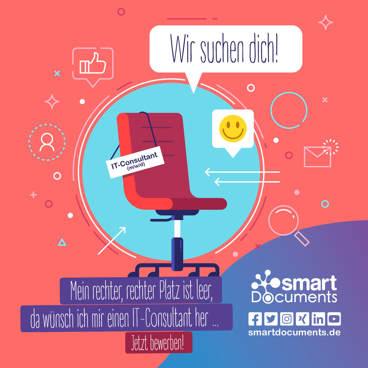 Vektorgrafik Bürostuhl mit Text "Wir suchen dich! - Mein rechter, rechter Platz ist leer, da wünsch ich mir einen IT-Consultant her ... Jetzt bewerben!"