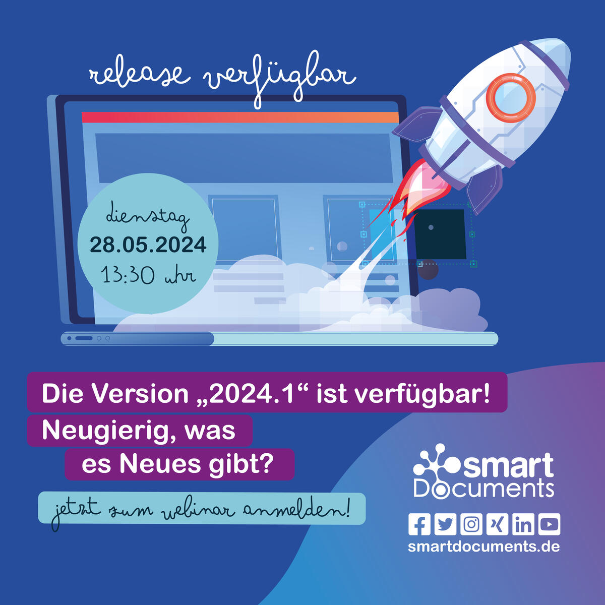Vektorgrafik: Laptop mit offenem Programm und einer Rakete. Text: Release verf&uuml;gbar! Die Version 2024.1 steht zur Verf&uuml;gung! Neugierig, was es Neues gibt?
