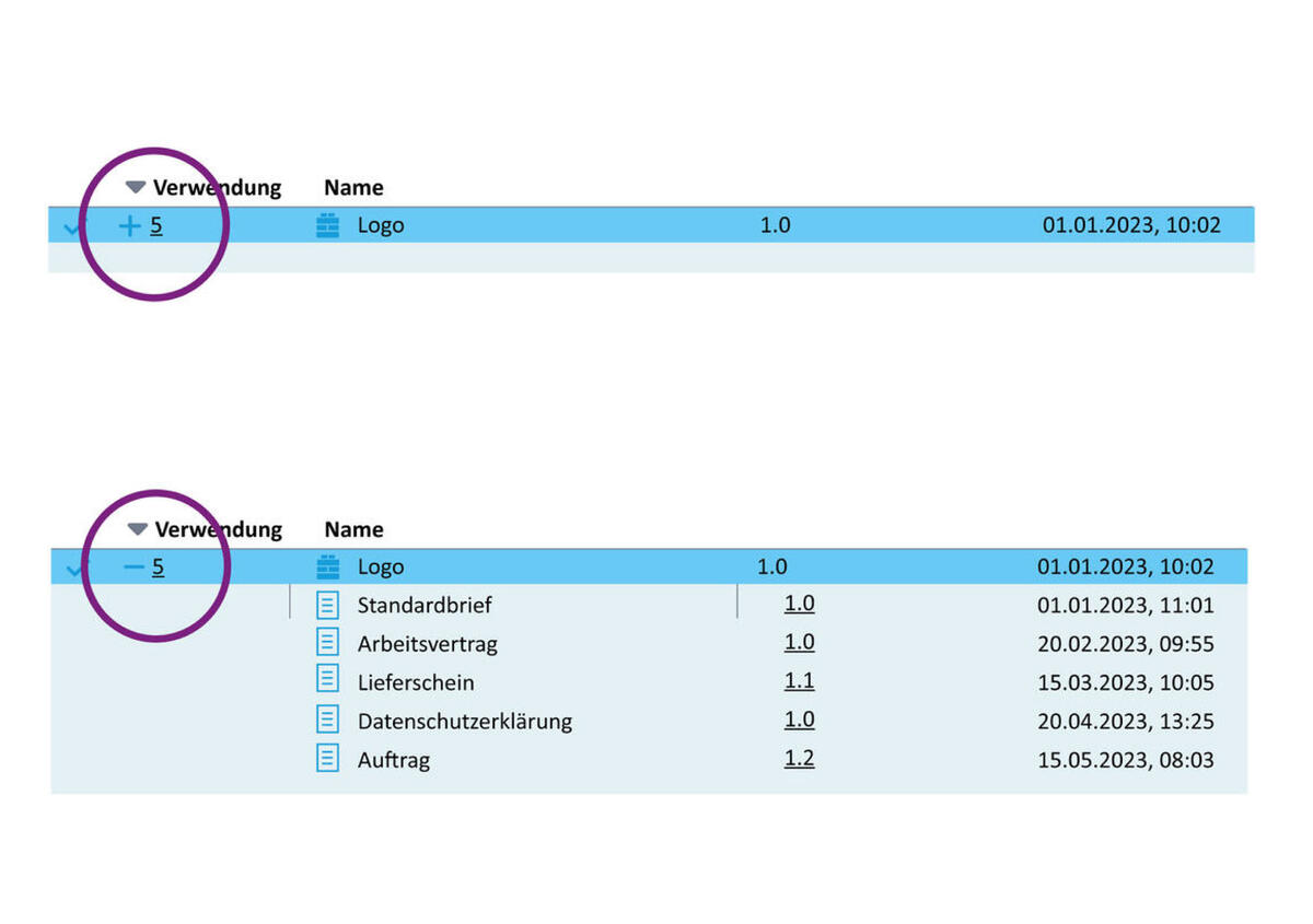 Screenshot SmartControl, Suchergebnis: Verwendung der Bausteine in Vorlagenelementen