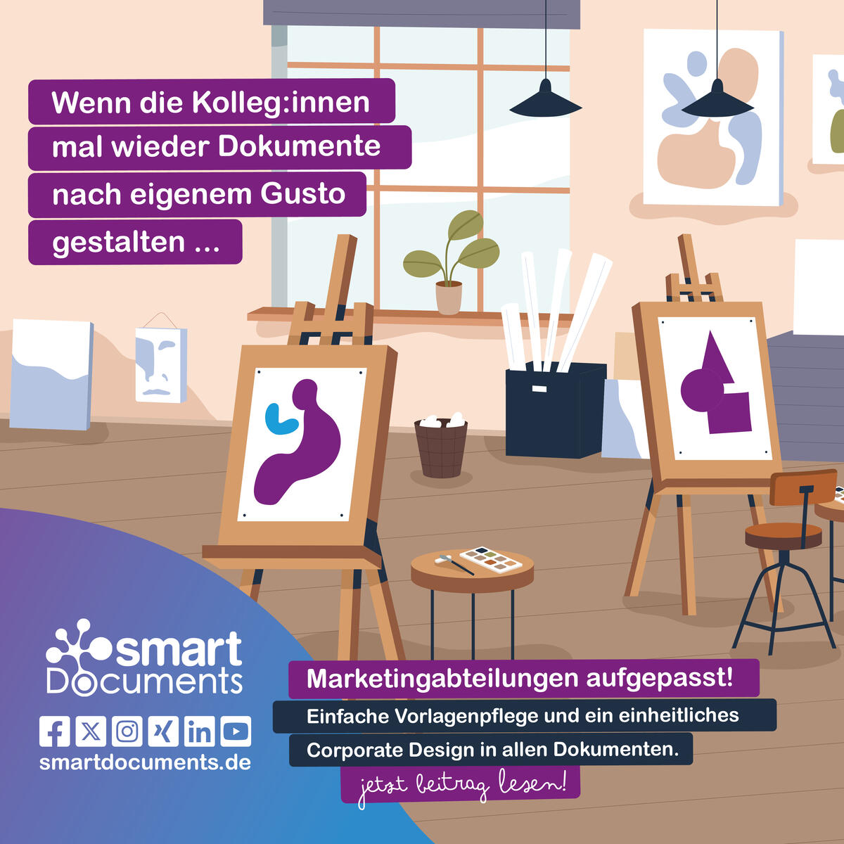 Vektorgrafik: Atelier mit Bilder und Text: Marketingabteilungen aufgepasst! Einfache Vorlagenpflege und ein einheitliches Corporate Design in allen Dokumenten.