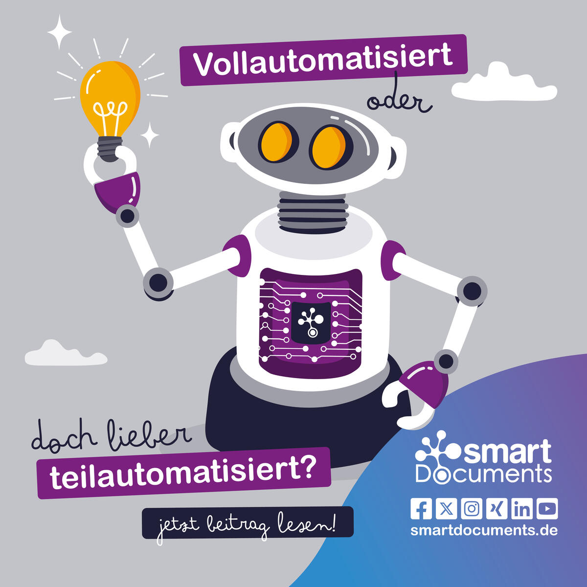 Vektorgrafik: Roboter mit Text: Vollautomatisiert oder doch lieber teilautomatisiert?