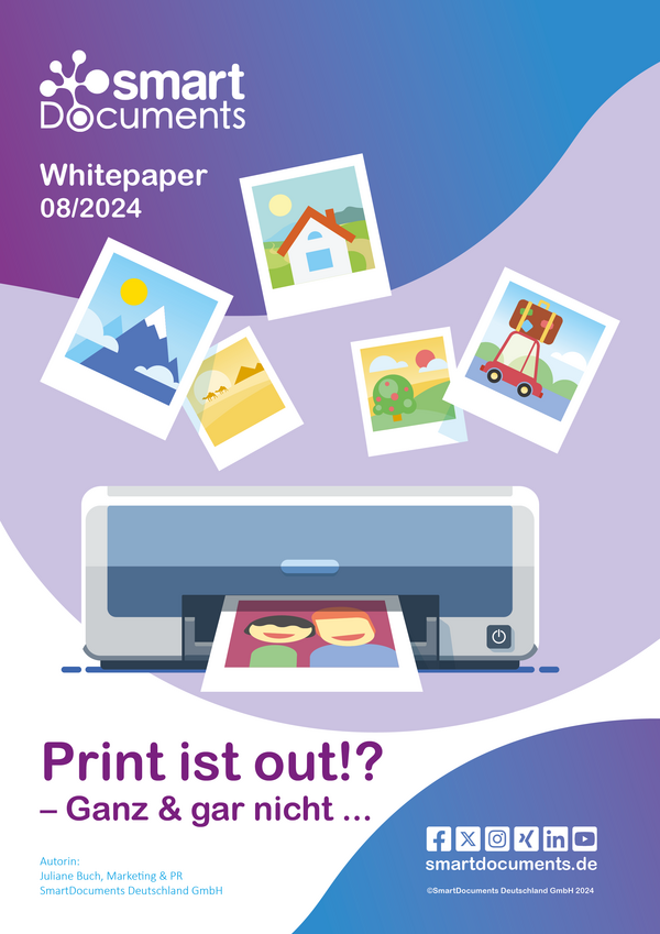 Bild vergr&ouml;&szlig;ern: Cover des Whitepapers, 
Vektorgrafik: Drucker mit Bildern und Text
"Whitepaper 08/2024: Print ist out!? - Ganz und gar nicht ..."
