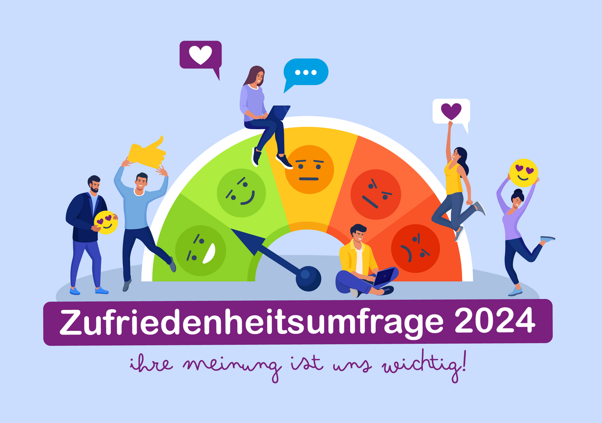 Vektorgrafik: Menschen, die Icons hochhalten, wie Gefällt mir Daumen, Herzen oder Verliebt-Smiley sowie ein Stimmungsbaromater inklusive Text: Zufriedenheitsumfrage 2024. Ihre Meinung ist uns wichtig!
