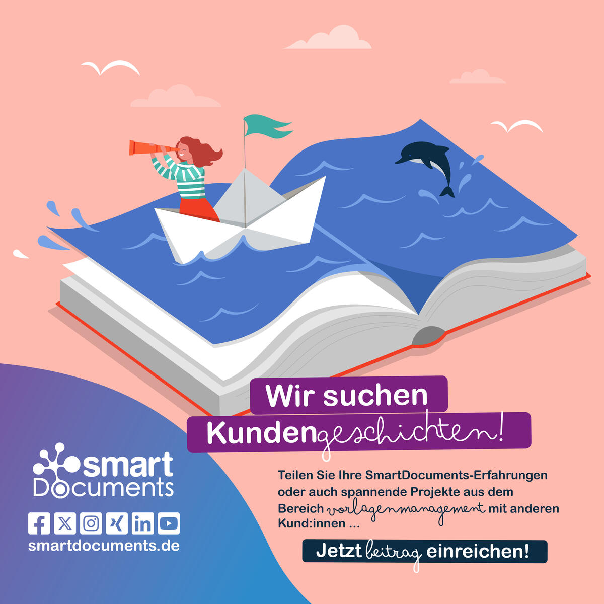 Vektorgrafik: Offenes Buch mit Text: Wir suchen Kundengeschichten!Teilen Sie Ihre Erfahrungen mit anderen Nutzer:innen