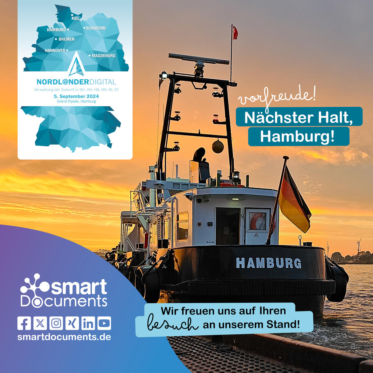 Foto: Schiff mit der Aufschrift Hamburg, inkl. Logo der Veranstaltung Nordl@nder Digital und dem Text! Vorfreude: "Nächster Halt, Hamburg" - Wir freuen uns auf Ihren Besuch an unserem Stand.