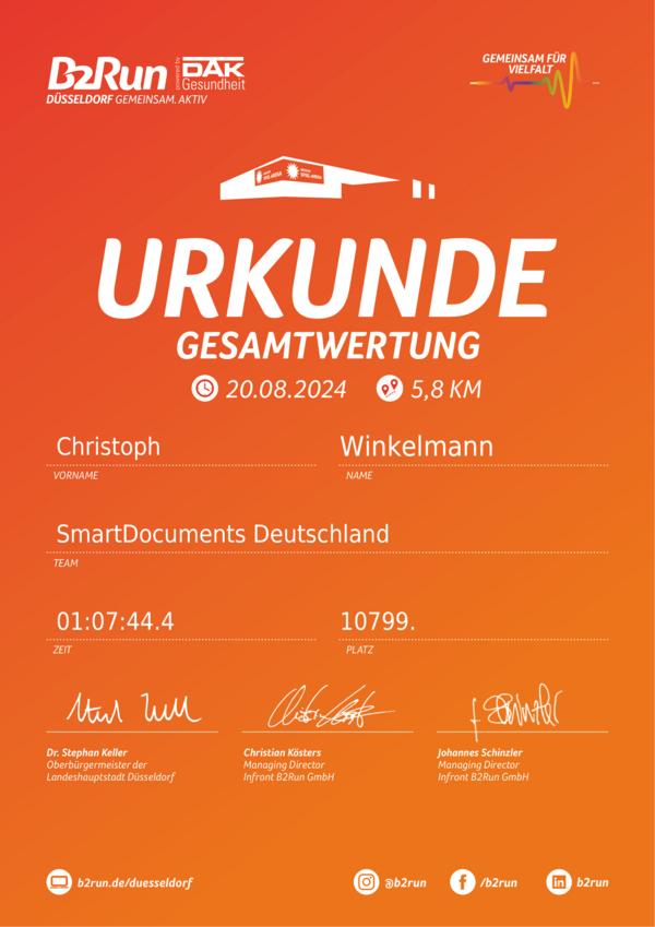 Bild vergrößern: Urkunde B2Run Düsseldorf 2024 Christoph Winkelmann