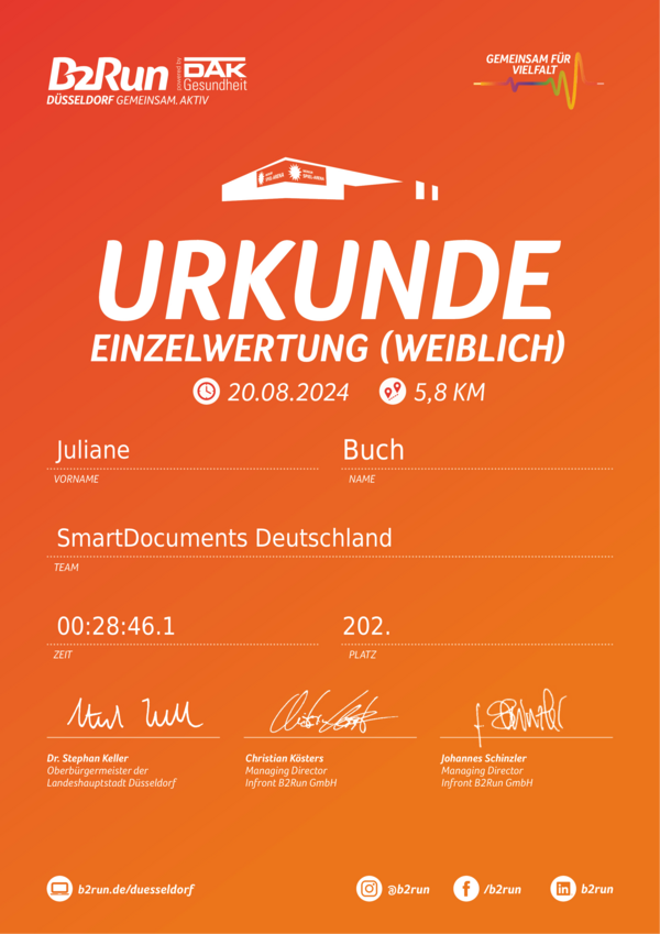 Bild vergrößern: Urkunde B2Run Düsseldorf 2024 Juliane Buch
