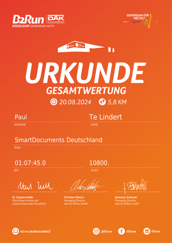 Bild vergrößern: Urkunde B2Run Düsseldorf 2024 Paul te Lindert