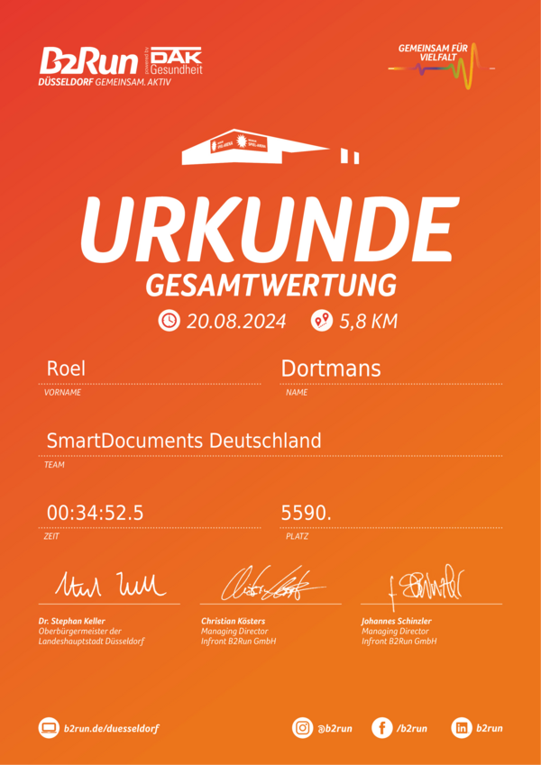 Bild vergrößern: Urkunde B2Run Düsseldorf 2024 Roel Dortmans
