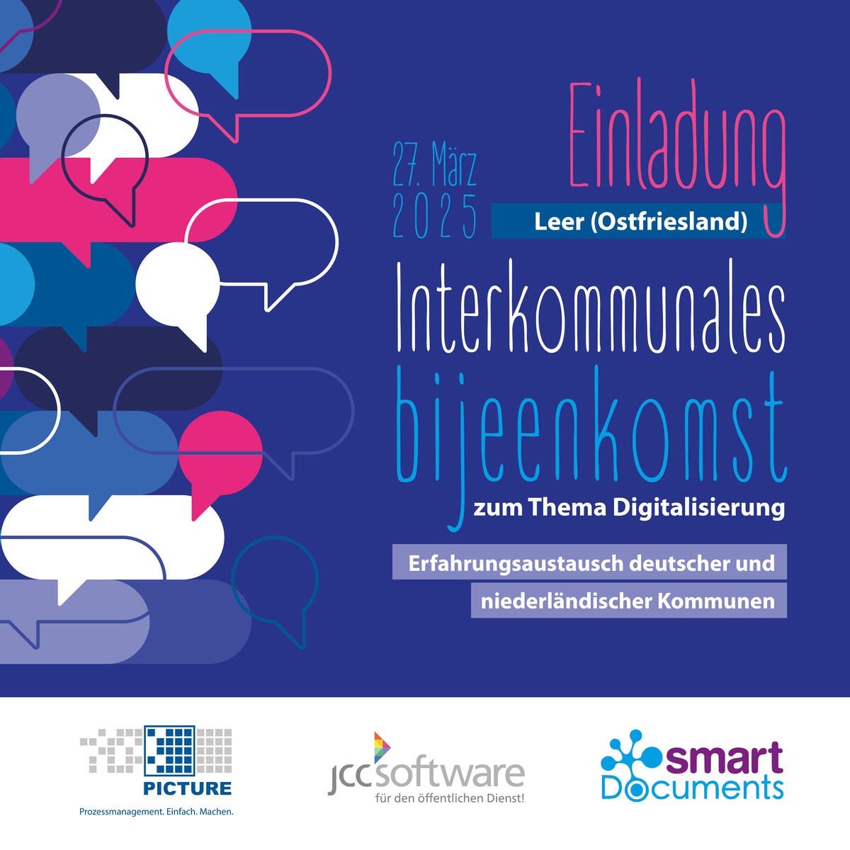 Vektorgrafik Sprechblasen auf blauem Grund. Text: Interkommunales "bijeenkomst" zum Thema Digitalisierung - Erfahrungsaustausch deutscher und niederländischer Kommunen.