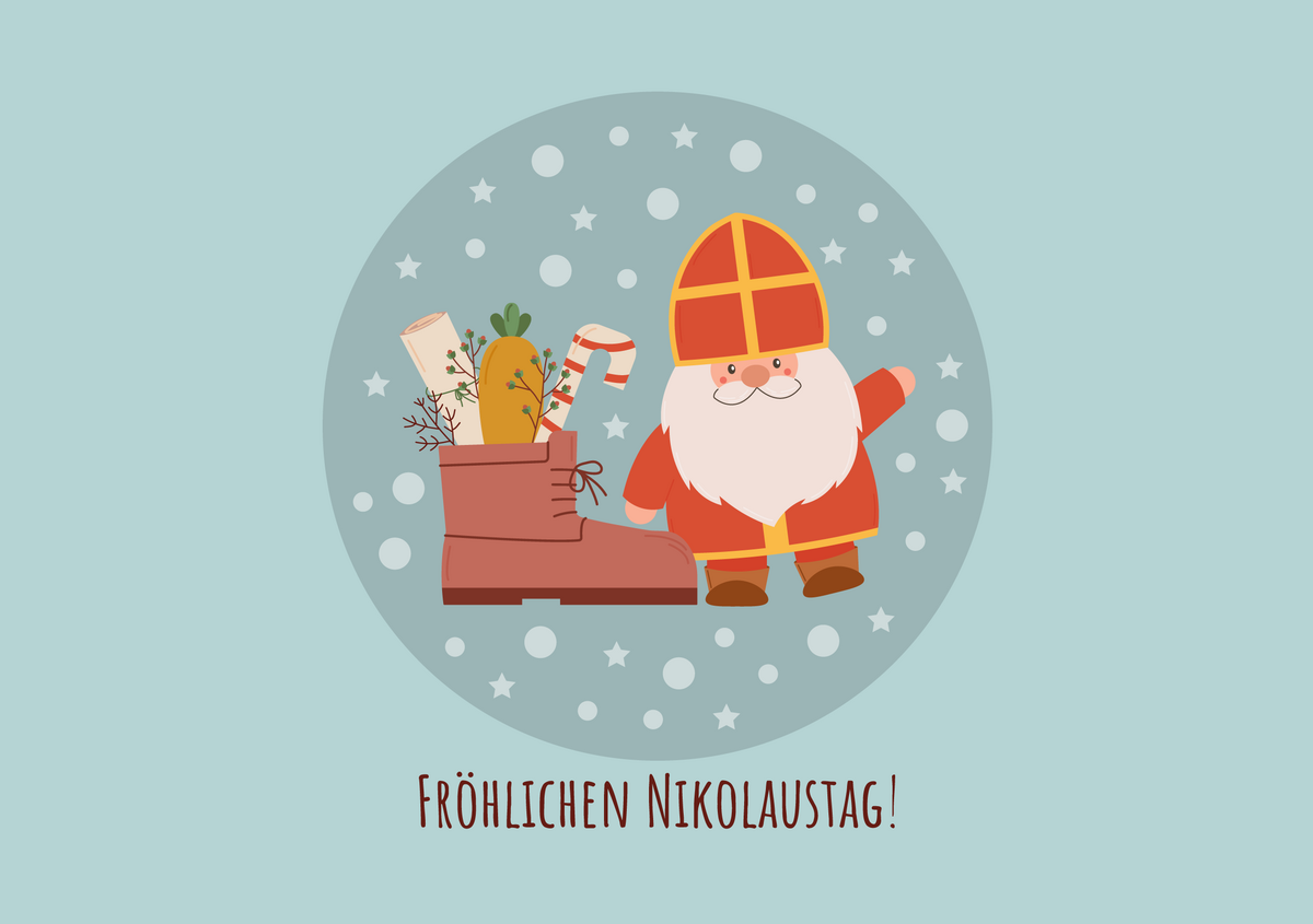Vektorgrafik Nikolaus mit gefülltem Stiefel und dem Text "Fröhlichen Nikolaustag!"