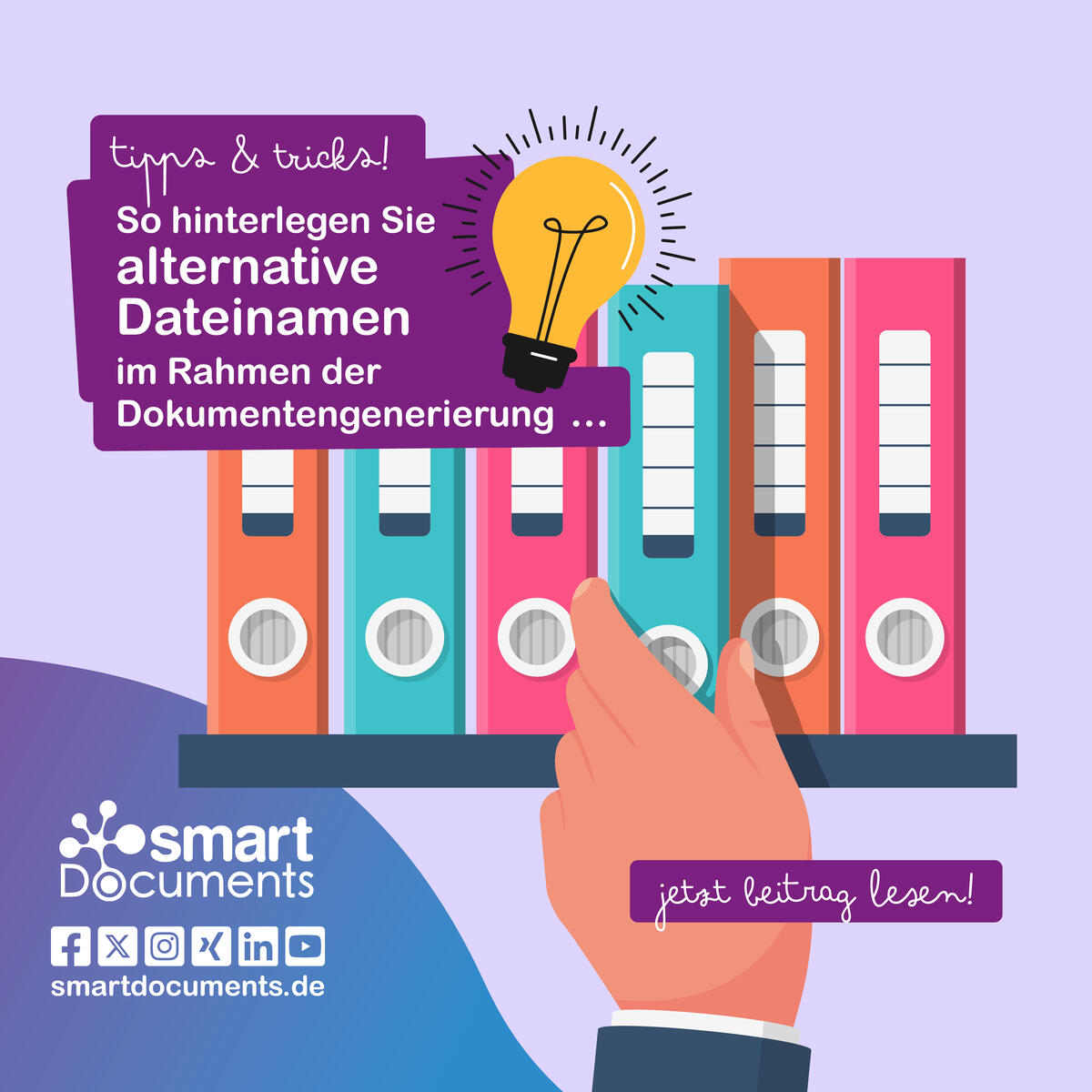 Vektorgrafik Hand, die Ordner aus dem Regal nimmt und dem Text: Tipps & Tricks: So hinterlegen Sie alternative Dateinamen im Rahmen der Dokumentengenerierung ...