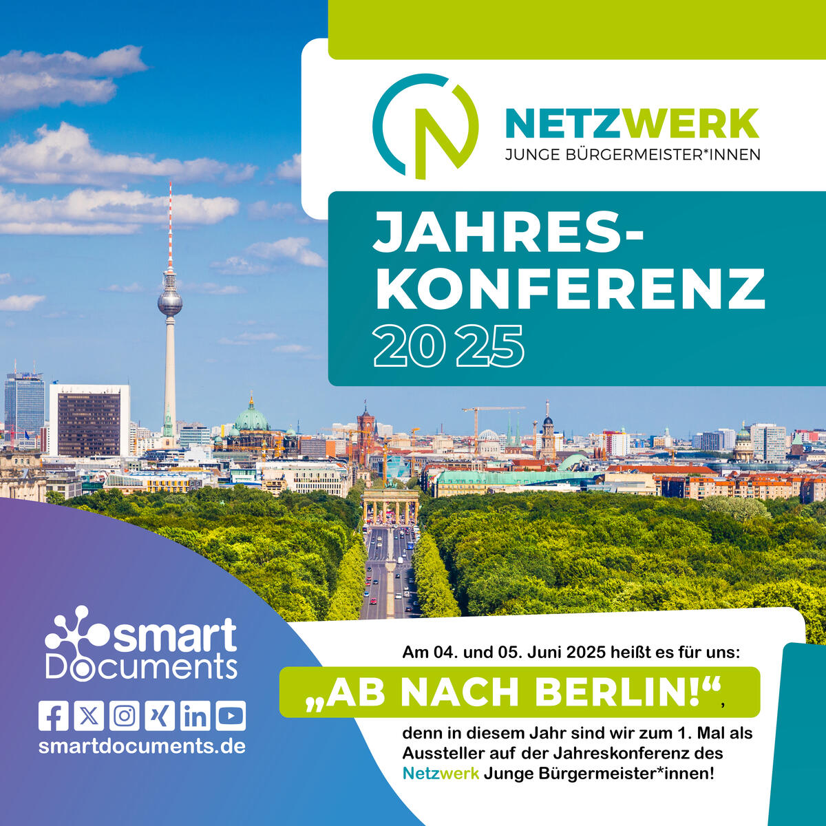 Foto Berlin Tiergarten mit Logo der Jahreskonferenz Netzwerk Junge Bürgermeister*innen sowie dem SmartDocuments-Logo und dem Text "Ab nach Berlin!"