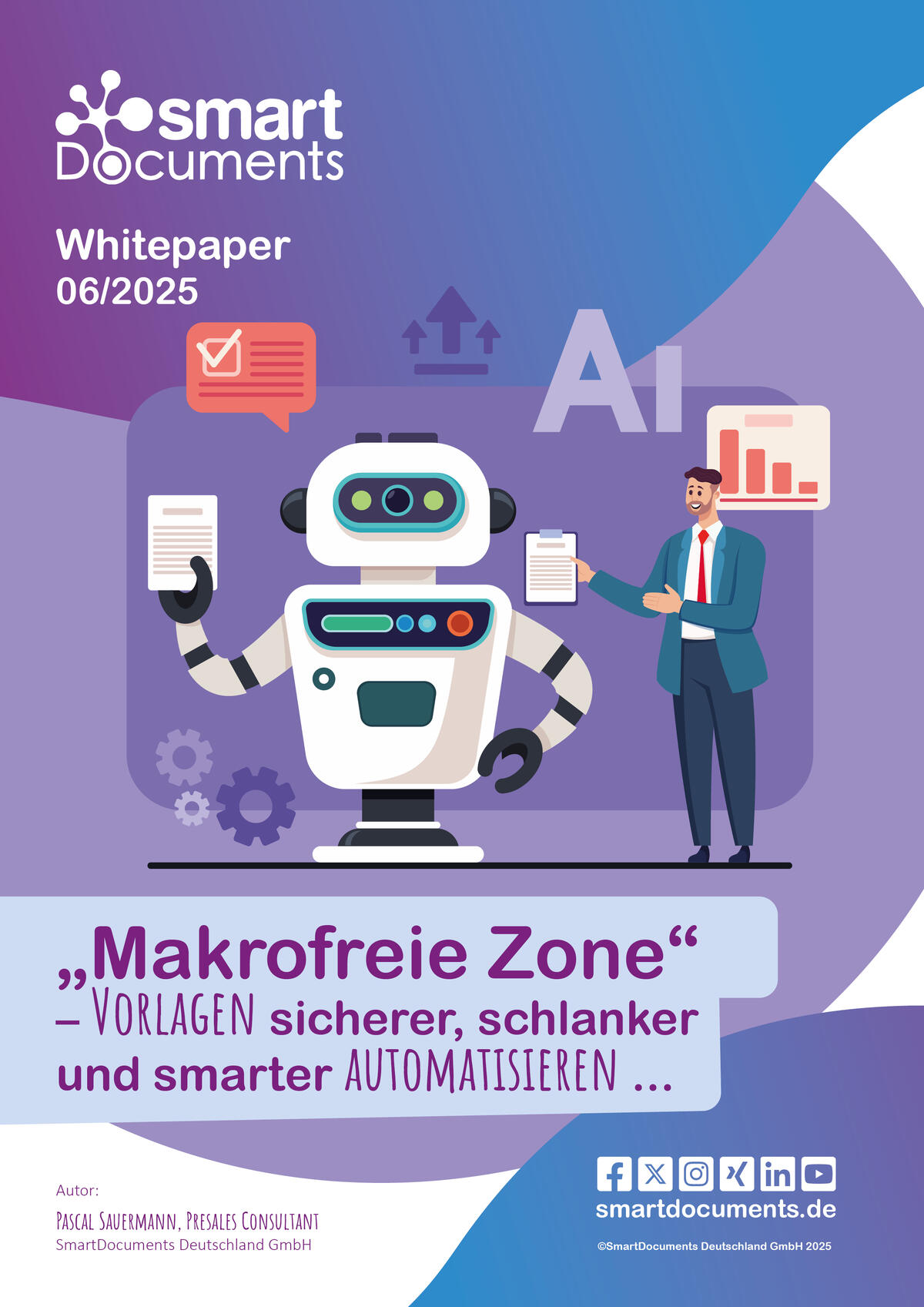 Vektorgrafik: Roboter mit Dokument in der Hand und dem Titel "Whitepaper 06/2025: Makrofreie Zone - Vorlagen sicherer, schlanker und smarter automatisieren."