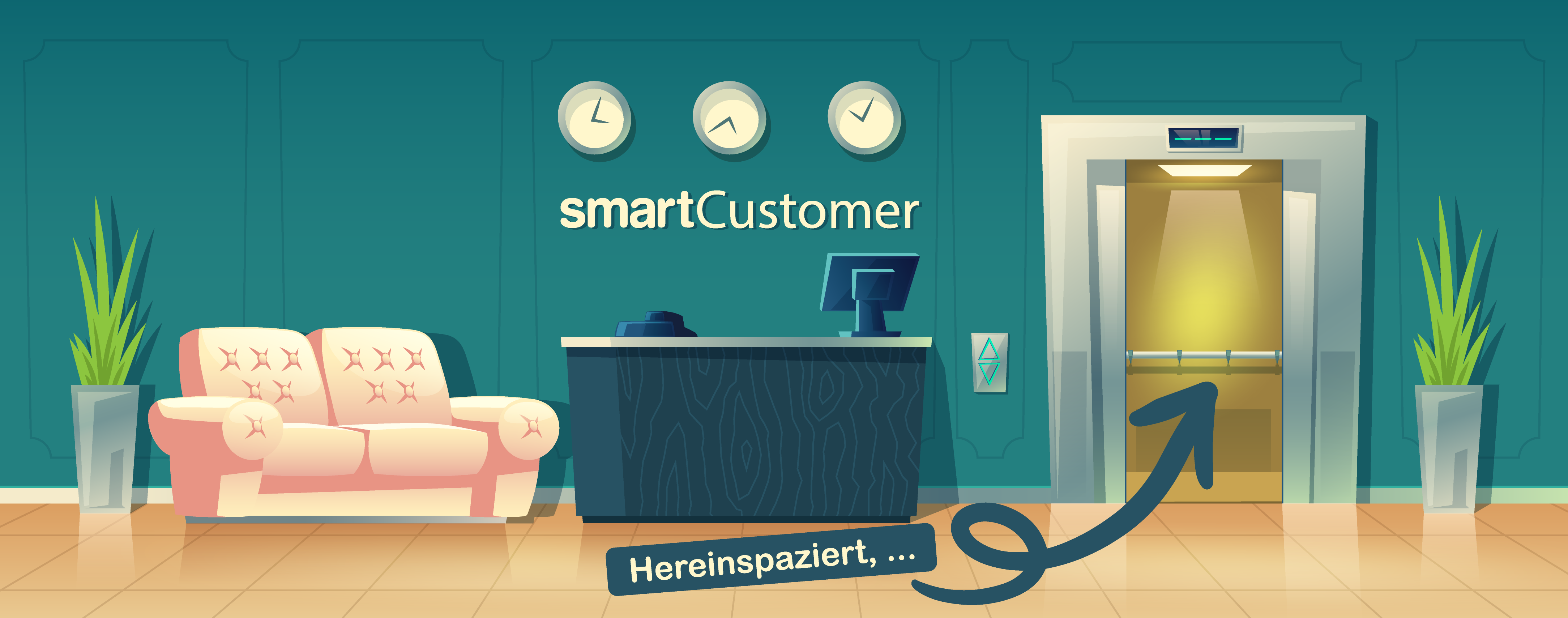 Vektorgrafik: Enpfangsraum mit Tresen und Schrift "smartCustomer" daneben ein Aufzug mit Text "Hereinspaziert"