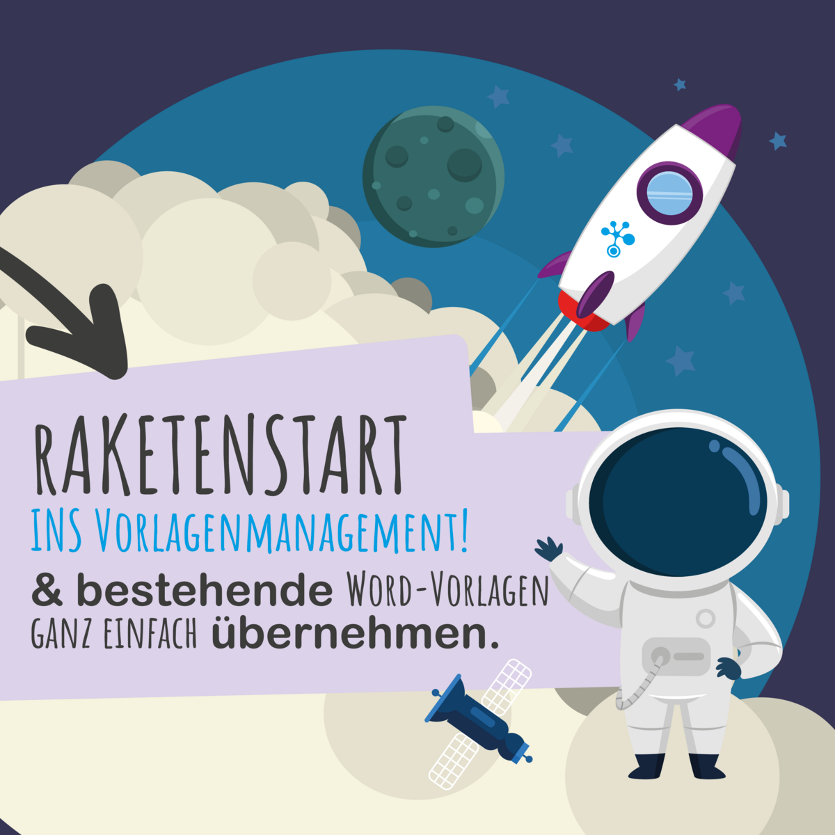 Vektorgrafik: Rakete, die ins all fliegt mit Astronaut.