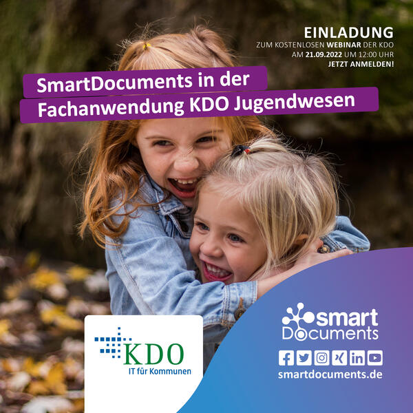 SmartDocuments in der Fachanwendung KDO Jugendwesen!
Wir laden Sie herzlich ein zum kostenlosen Webinar am 21.09.2022