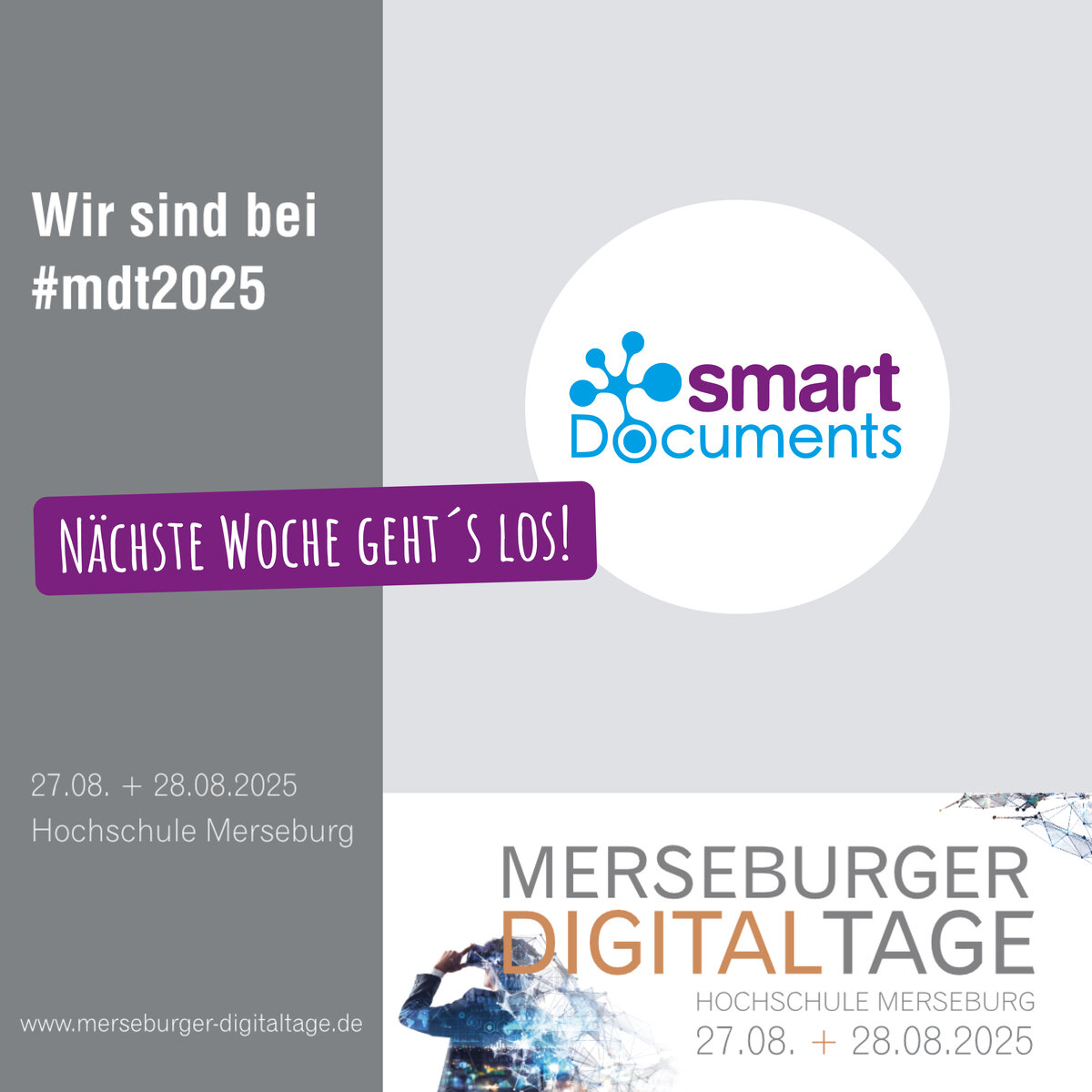 Logo SmartDocuments + Text "Wir sind bei #mdt2025"