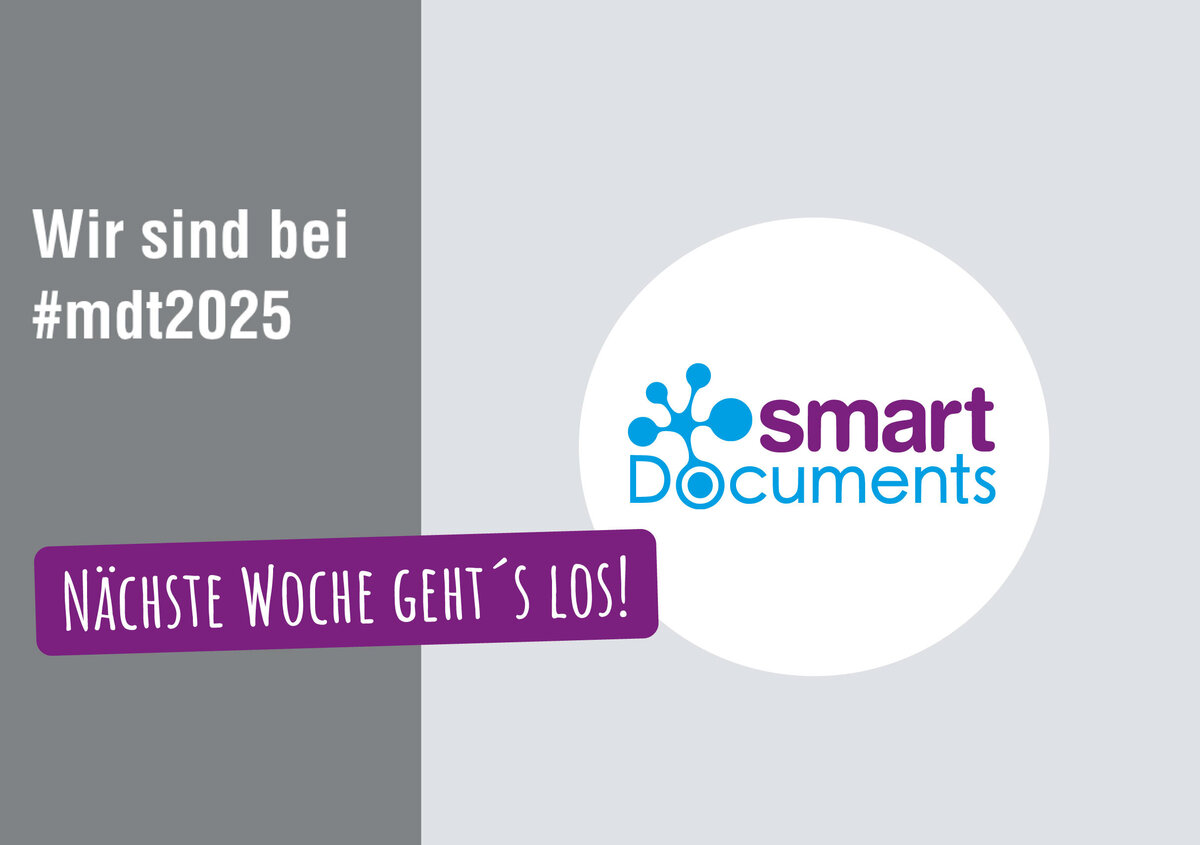 Logo SmartDocuments + Text "Wir sind bei #mdt2025"