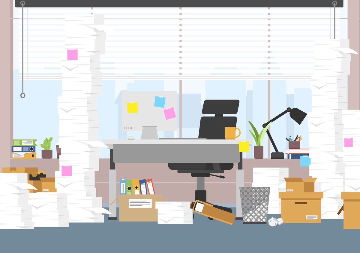 Vektorgrafik: B&uuml;ro mit riesen Papierstapeln