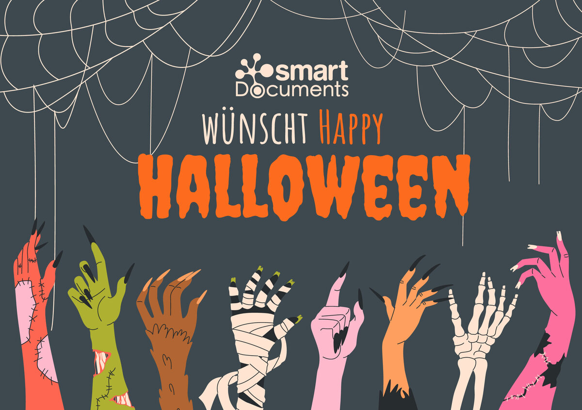 Vektorgrafik: Zombihände mit Spinnweben und dem Text: SmartDocuments wünscht Happy Halloween!