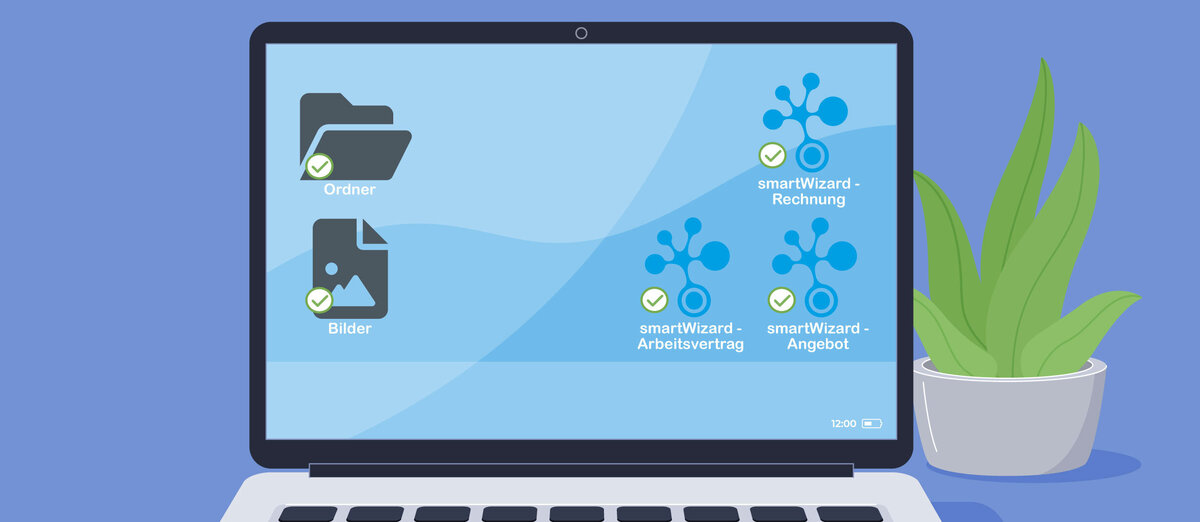 Vektorgrafik: Notebookbildschirm mit Desktopansicht und smartDocuments-Links