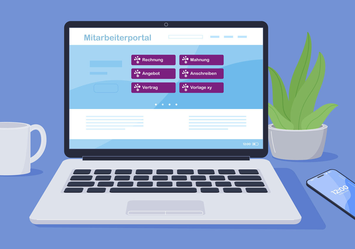 Vektorgrafik: Notebookbildschirm mit Ansicht Mitarbeiterportal und Links zu SmartDocuments-Vorlagen