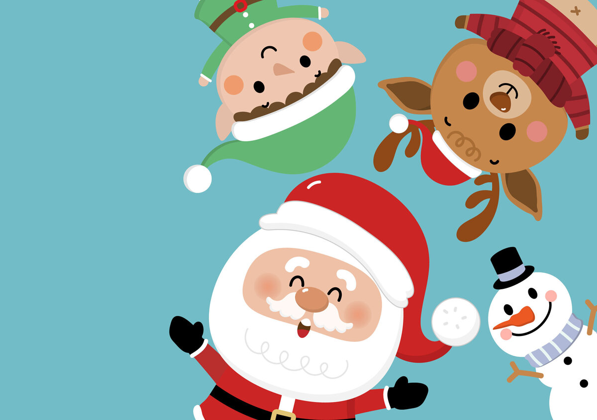 Vektorgrafik: Weihnachtsmann, Schneemann, Rentier und Weihnachtself