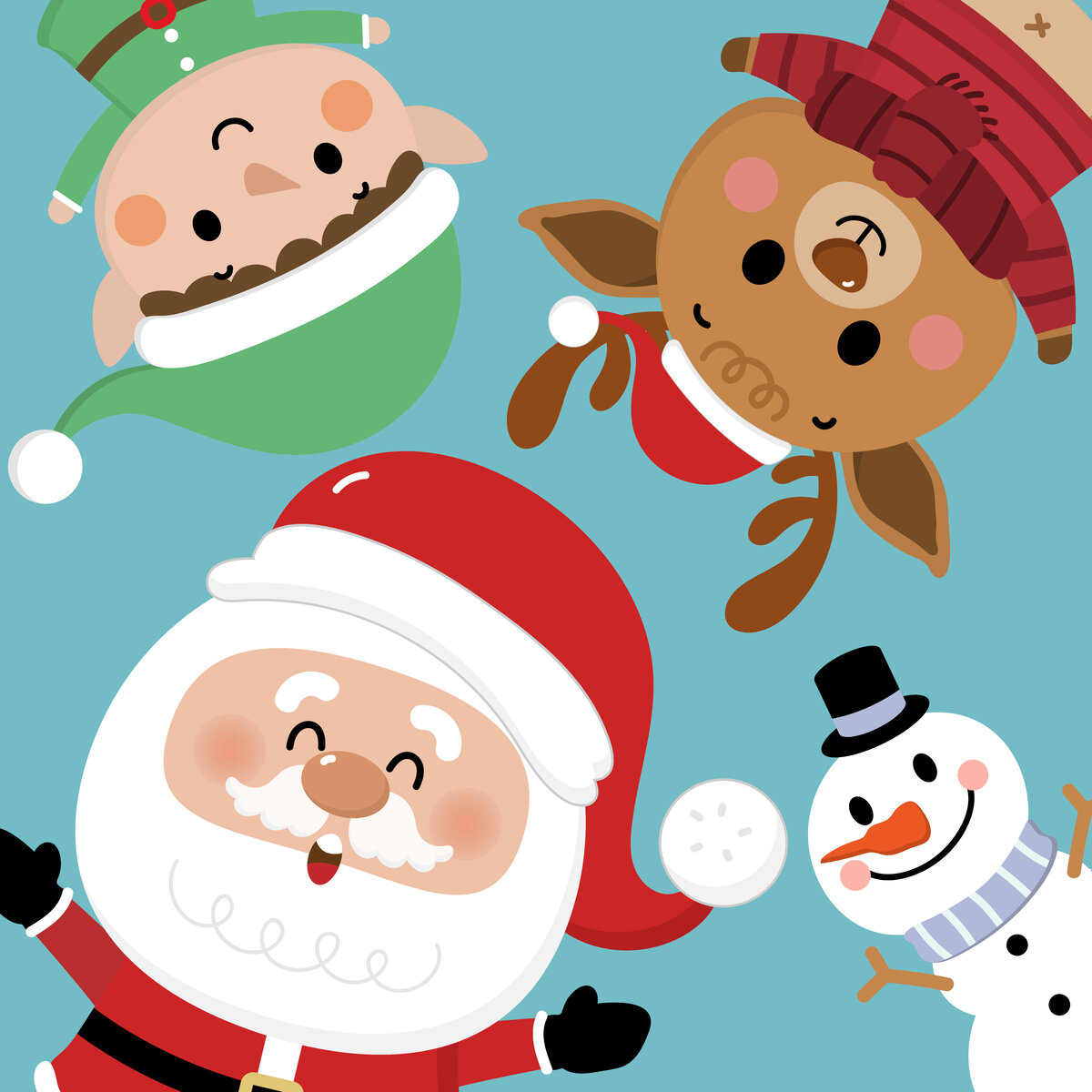 Vektorgrafik: Weihnachtsmann, Schneemann, Rentier und Weihnachtself