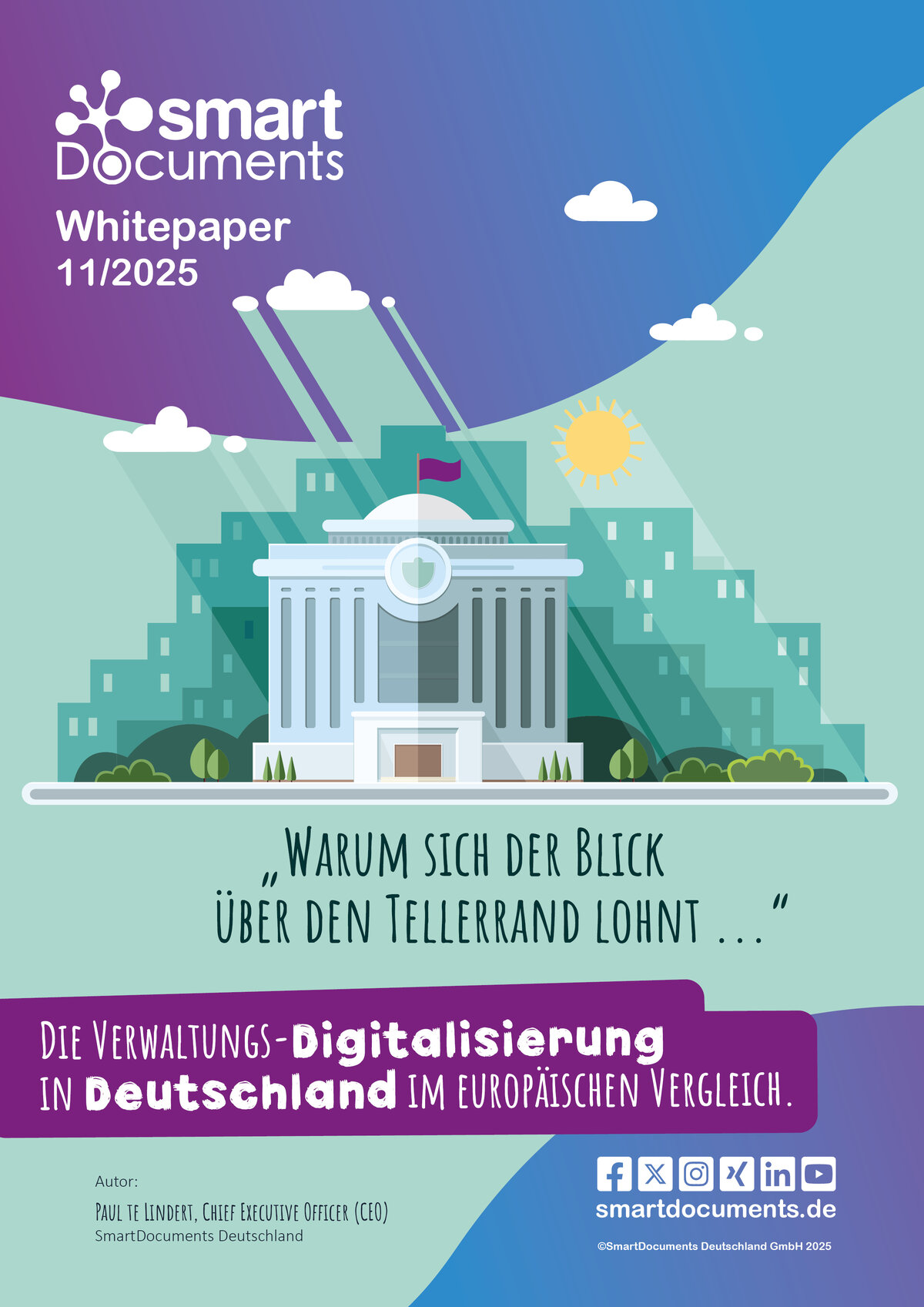 Vektorgrafik: Verwaltungsgebäude mit Text: Whitepaper 11/2025: Warum sich der Bick über den Tellerrand lohnt ... Die Verwaltungsdigitalisierung in Deutschland im europäischen Vergleich