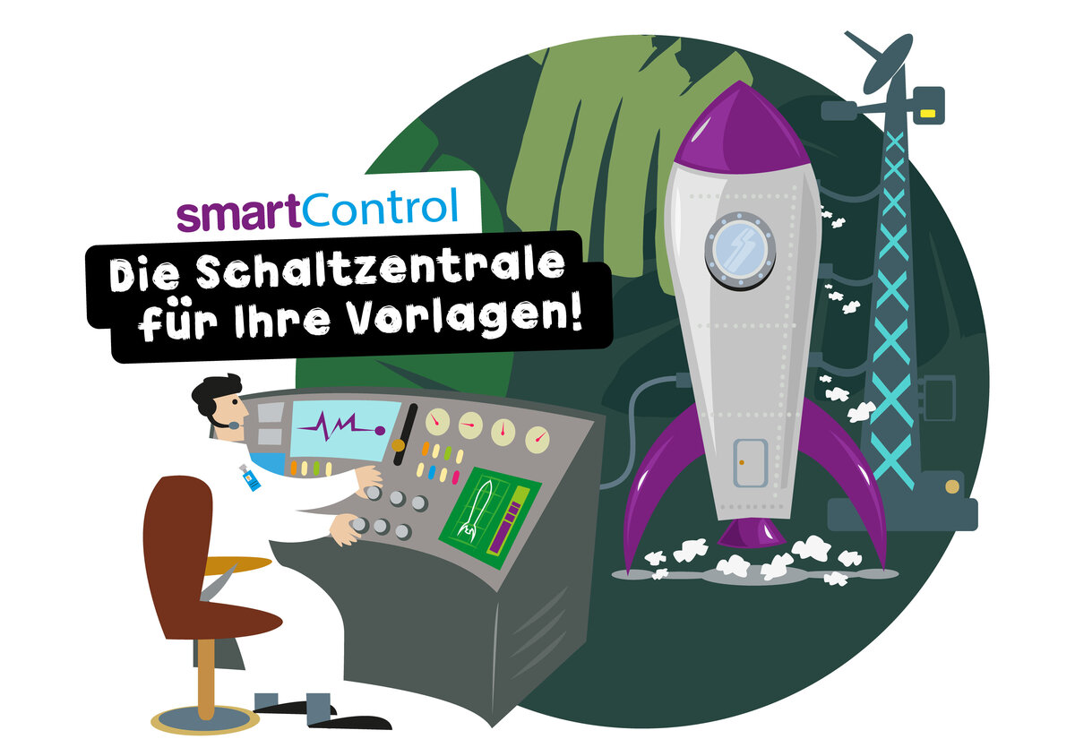 Vektorgrafik: Schaltzentrale mit Rakete und Text: SmartControl - Die Schaltzentrale f&uuml;r Ihre Vorlagen