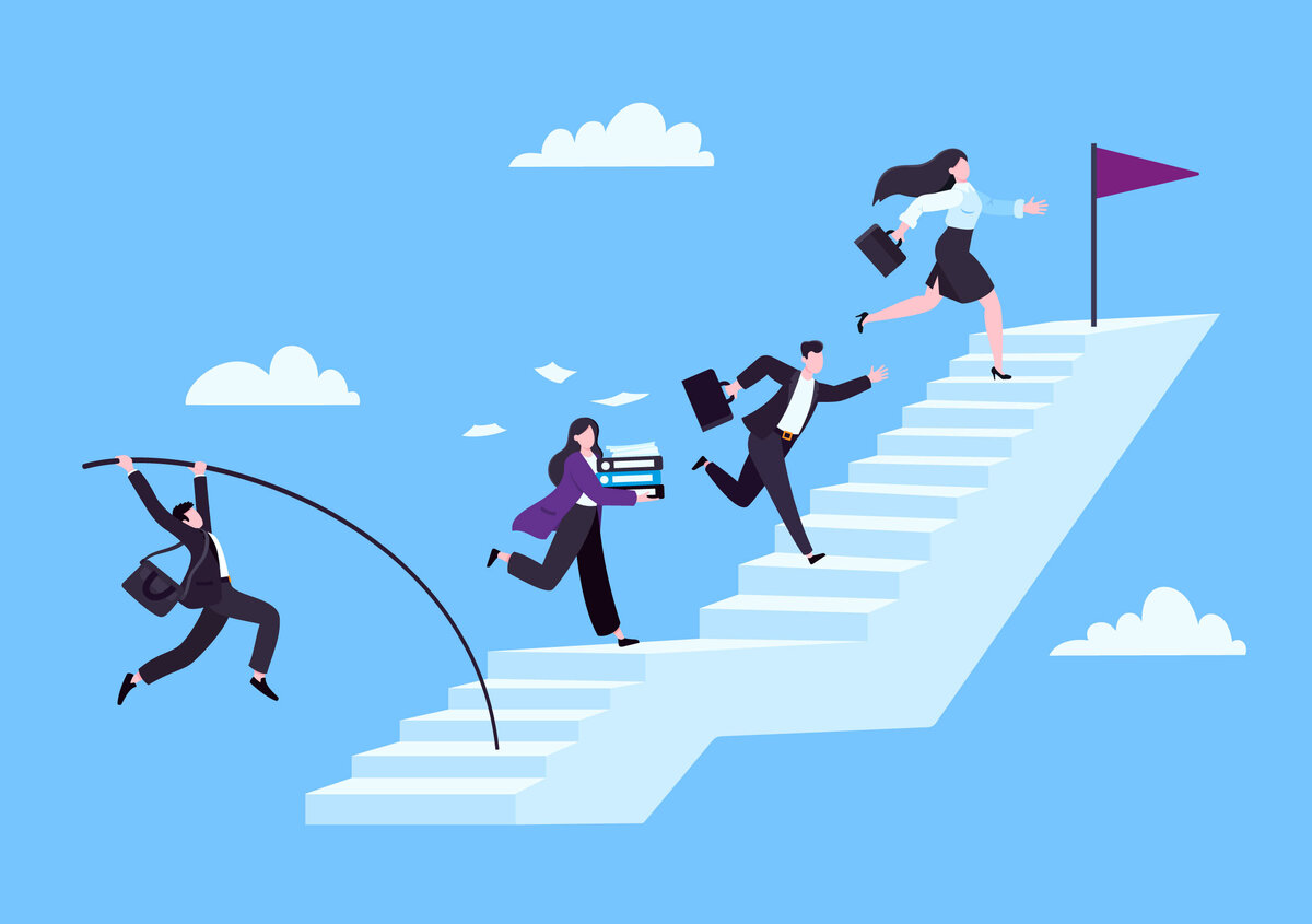 Vektorgrafik: Personen, die eine Treppe nach oben eilen