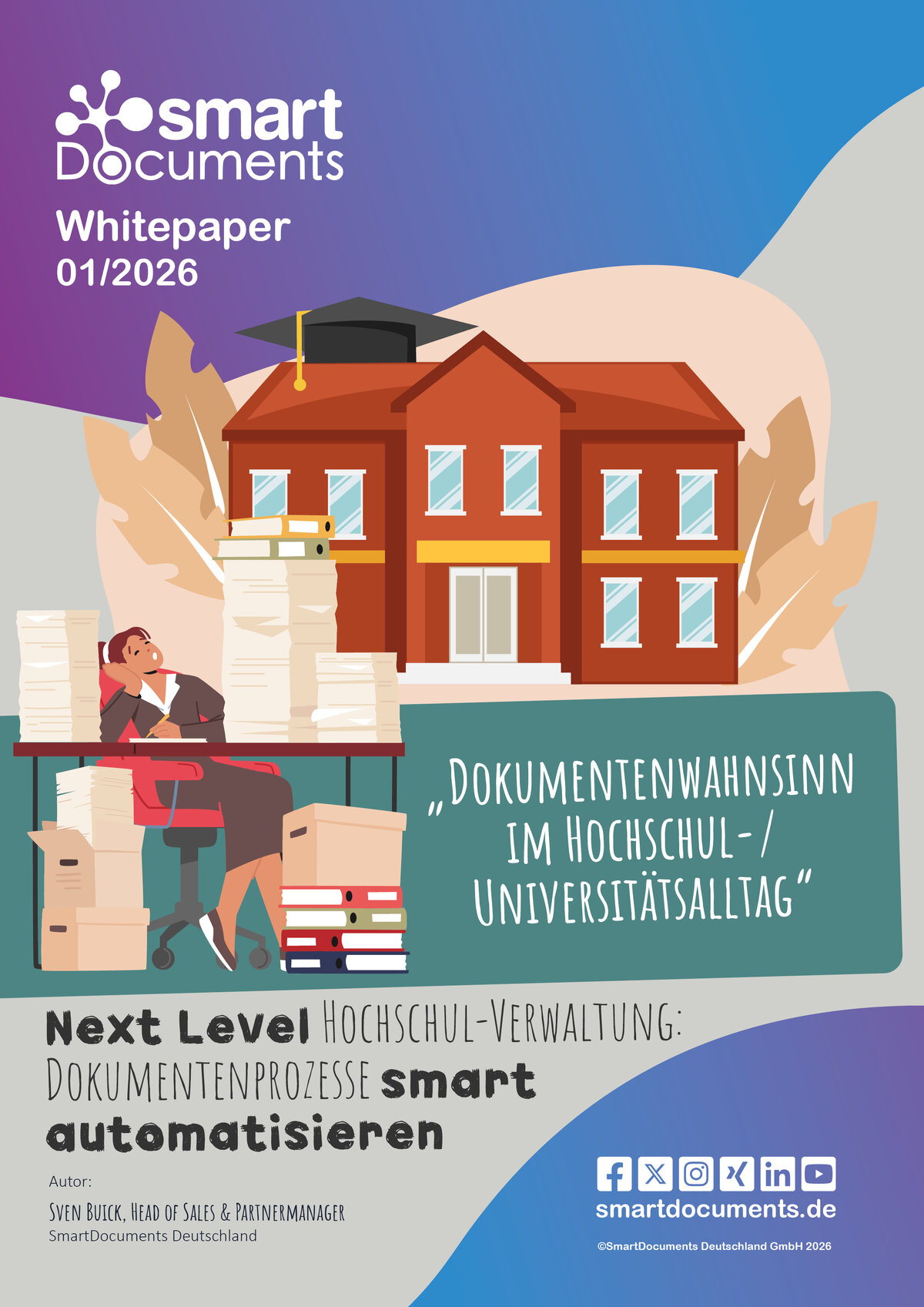 Vektorgrafik: Hochschule mit Schreibtisch und Papierstapeln inklusive Text: Whitepaper 01/2026: Dokumentenwahnsinn im Hochschul- / Universit&auml;tsalltag