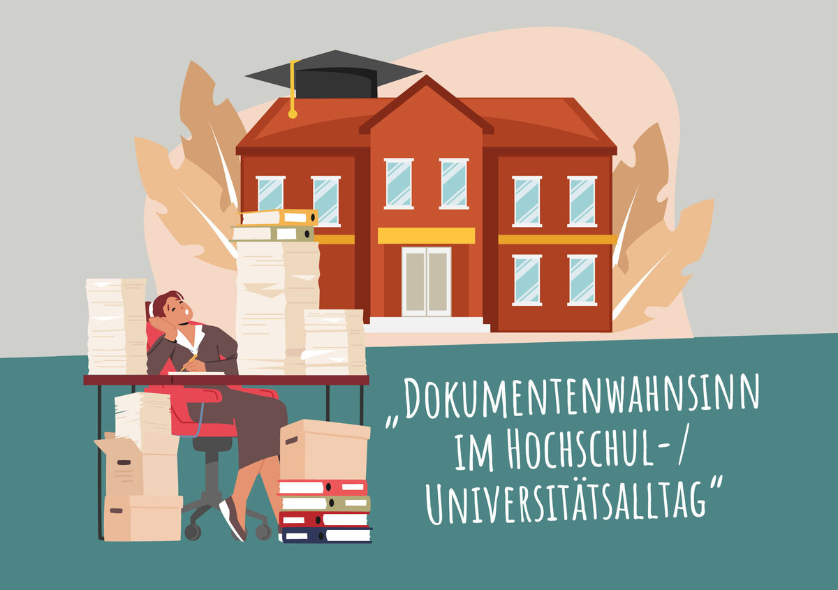 Vektorgrafik: Hochschule mit Schreibtisch und Papierstapeln inklusive Text: Whitepaper 01/2026: Dokumentenwahnsinn im Hochschul- / Universit&auml;tsalltag 