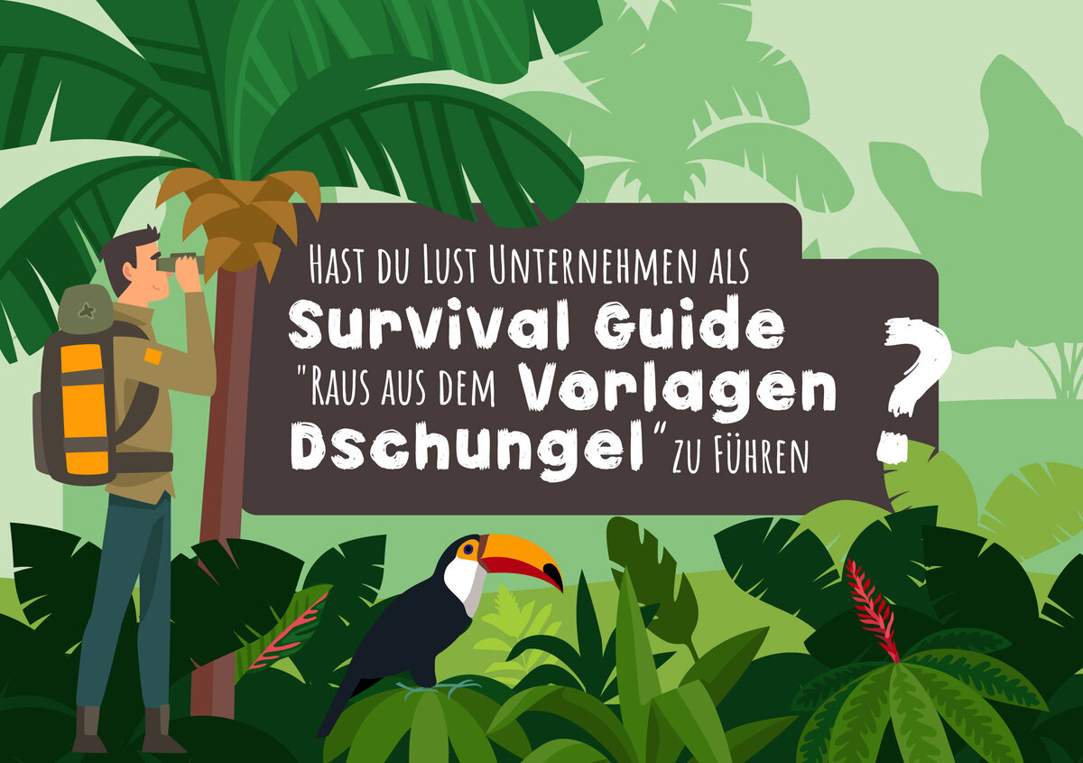 Vektorgrafik: Dschungel mit Text: Hast du Lust Unternehmen als Survival-Guide "Raus aus dem Vorlagendschungel" zu f&uuml;hren? - Wir suchen Dich als Senior-Sales-Account-Manager (m/w/d)