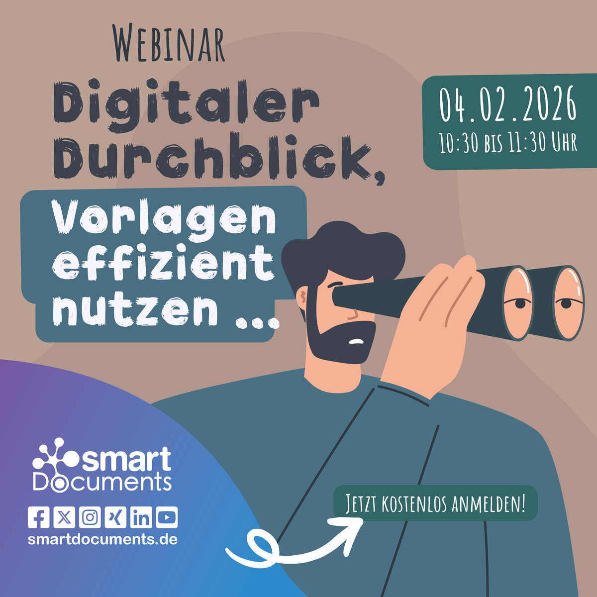 Vektorgrafik: Mann mit Fernglas und Text: Webinar: Digitaler Durchblick, Vorlagen effizient nutzen