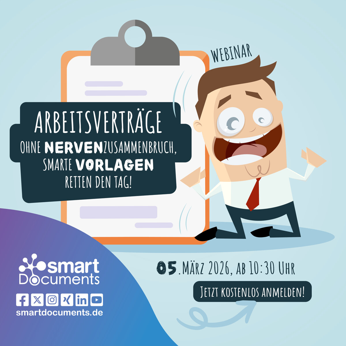 Vektorgrafik: Dokument + Person mit Nervenzusammenbruch und Text: Webinar: "Arbeitsvertr&auml;ge ohne Nervenzusammenbruch, smarte Vorlagen retten den Tag!"