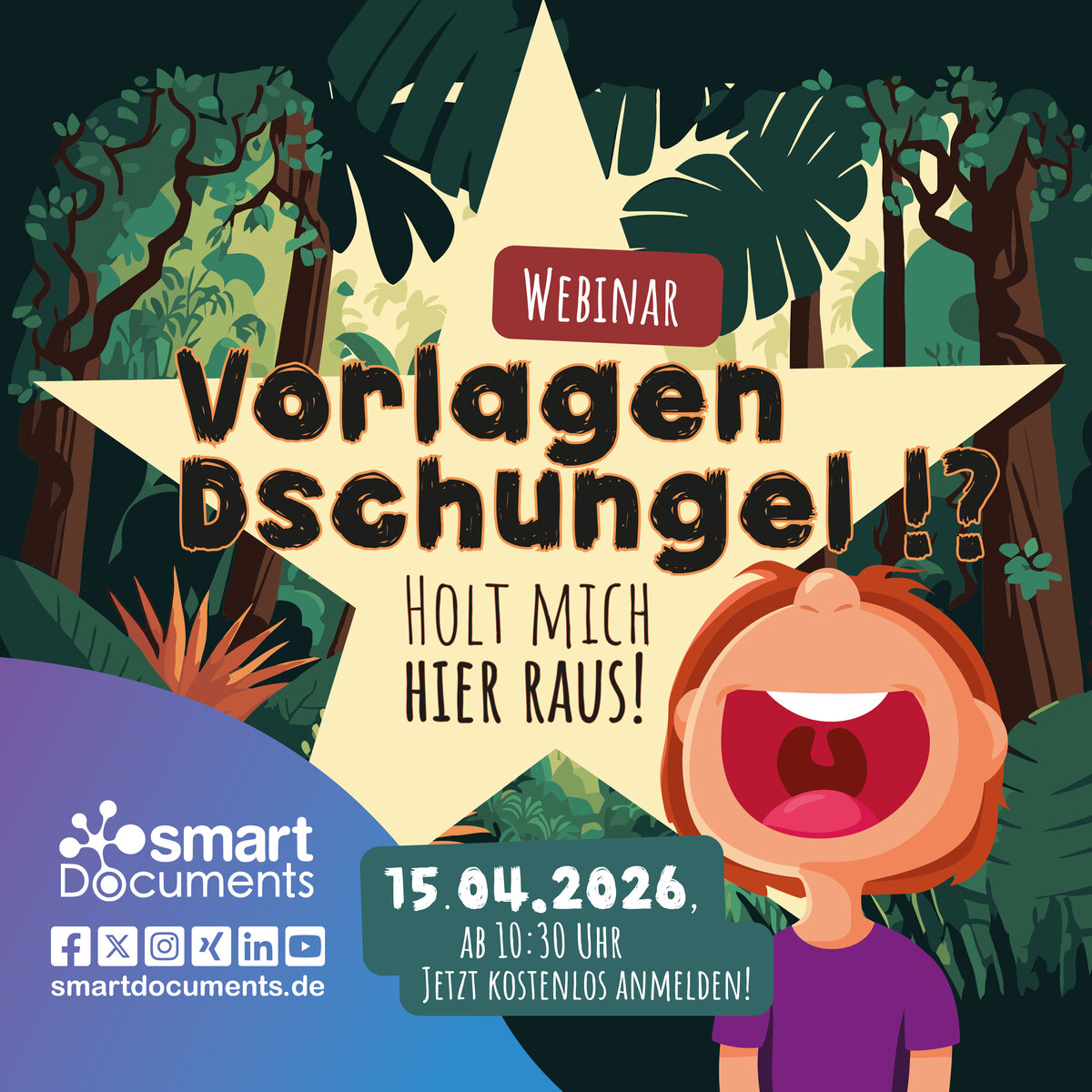 Vektorgrafik: Dschungel mit schreiender Person im Vordergrund und Text:Vorlagendschungel holt mich hier raus!