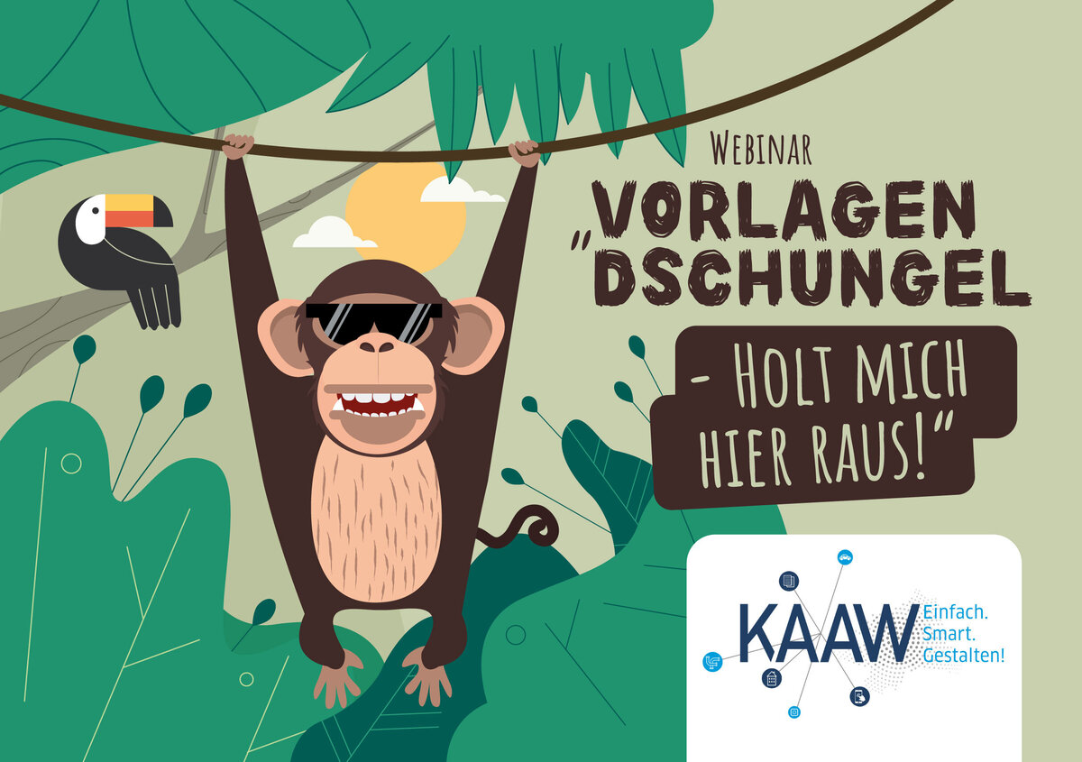 Vektorgrafik: Affe im Dschungel mit Text: KAAW-Webinar: "Vorlagendschungel - Holt mich hier raus!" und KAAW-Logo