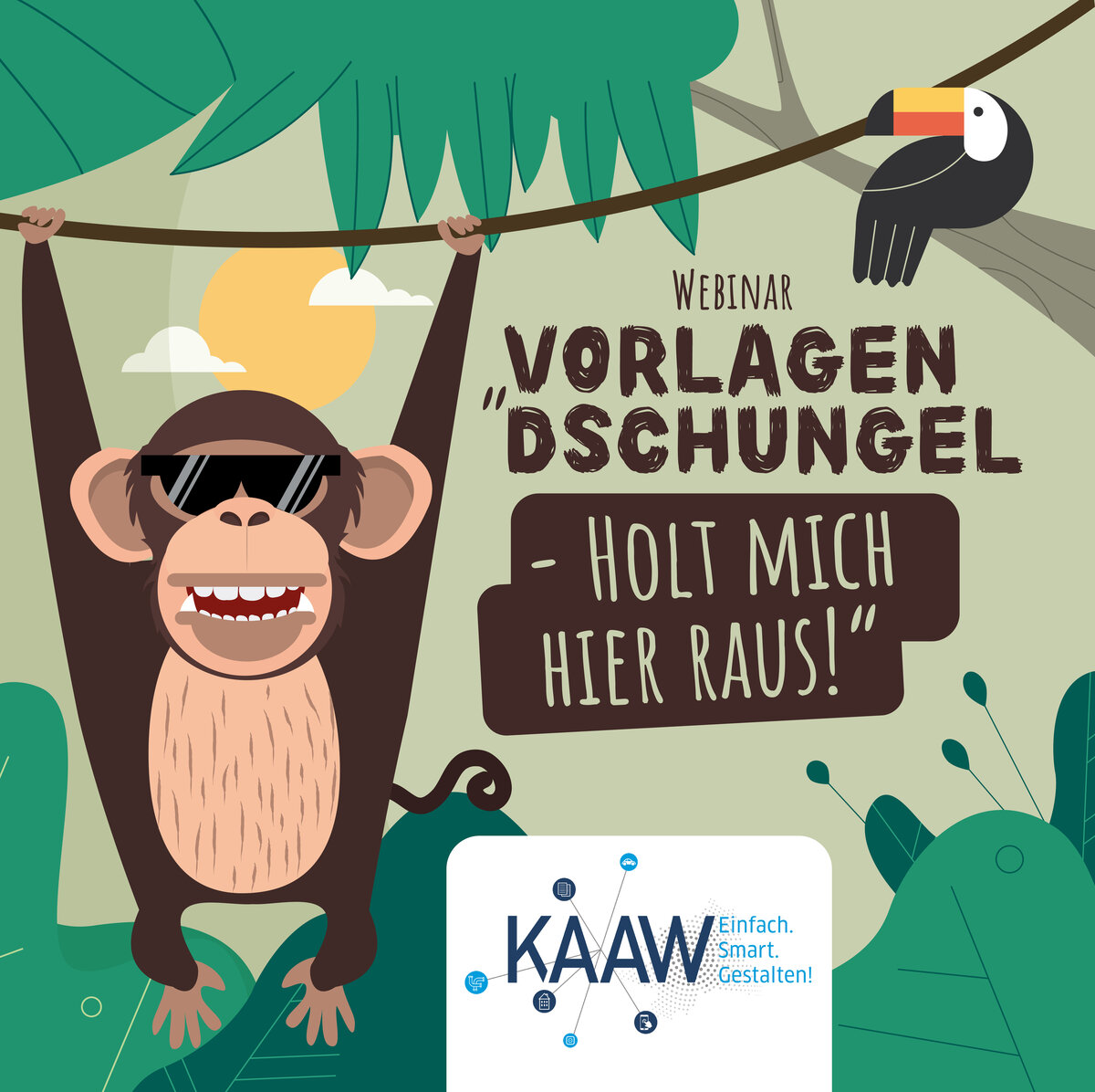 Vektorgrafik: Affe im Dschungel mit Text: Webinar: "Vorlagendschungel - Holt mich hier raus!" + KAAW Logo